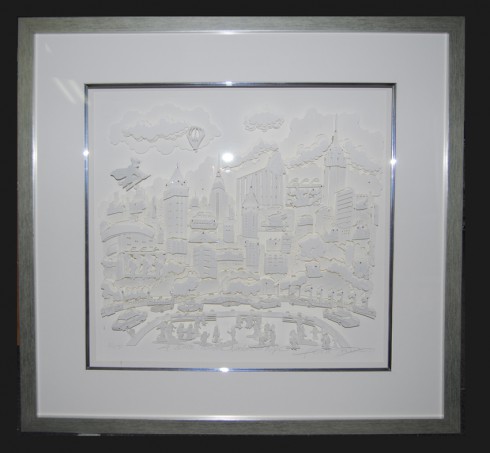 Image of a framed 3D Monochromatic artwork created by pop artist Charles Fazzino