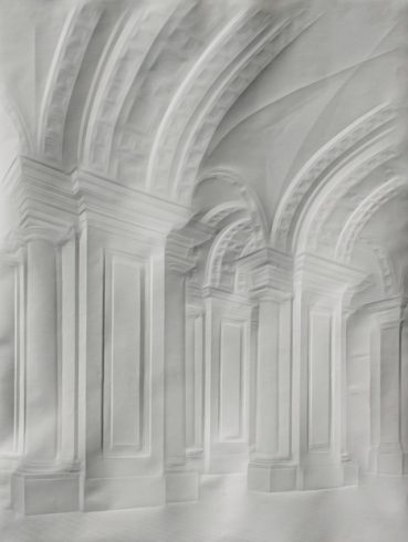 An artwork of incredible architectural communicated through lines and shadowing created simply by folding blank paper