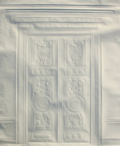 An artwork illustrating a detailed double door created through lines and shadowing of intricately folded paper