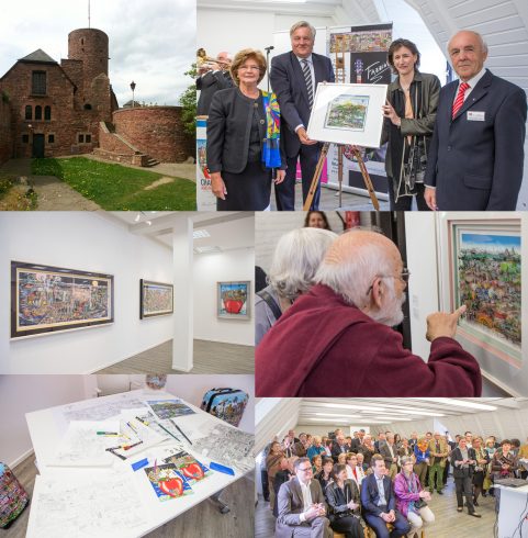 A collage of pictures from the unveiling of Charles Fazzino's art exhibition in Kreis Düren, Germany