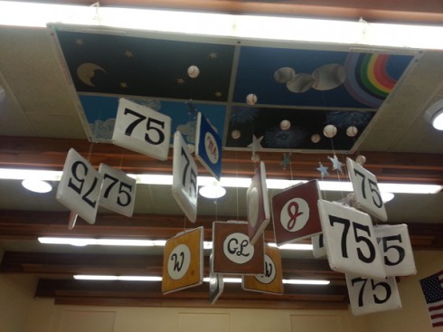 Image of a little league inspired baseball mobile hanging from the ceiling