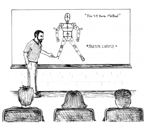 Cartoon sketch of an art teacher teaching students how to draw the human body