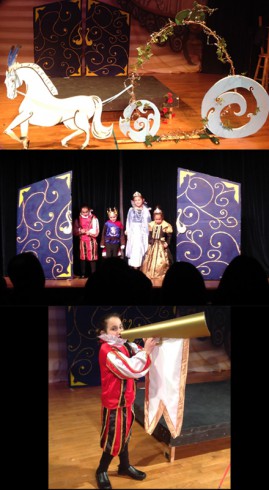 An image of a stage filled with kids and props for a Cinderella play