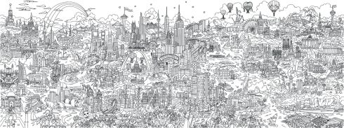 A complex line art drawing entitled, Small World, created by pop artist Charles Fazzino