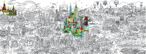Image of the line art of Fazzino's pop art piece, 'Its a Small World' with New York and now Moscow highlighted with color