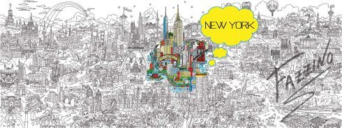 Image of the line art of Fazzino's pop art piece, 'Its a Small World' with New York highlighted with color