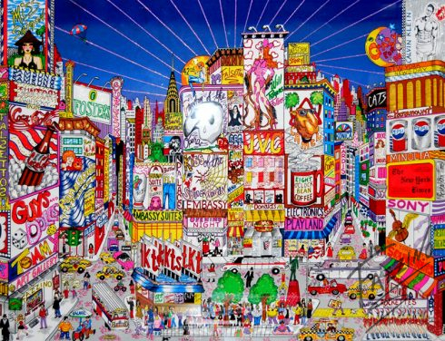 Colorful and detailed pop art drawing of Broadway by Charles Fazzino