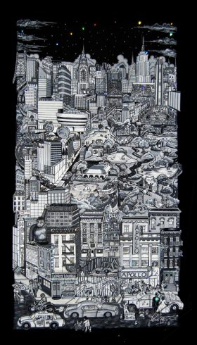 Image of New York City black and white pop art by Charles Fazzino