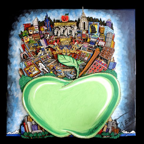 An Fazzino pop art painting of Broadway landmarks on a big green apple