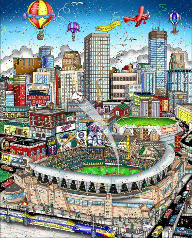 A Fazzino original of the 2014 all star game in Minneapolis, with the stadium and cit skyline drawn colorfully.