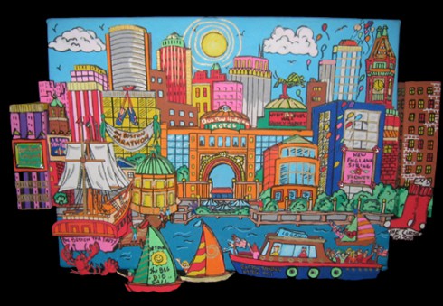 Colorful painting of Boston skyline and popular buildings with a blue sky and balloons overhead