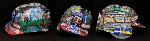 A composite image of the 2014 hand paint All Star helmet from both side views and from the front