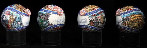 An image of Charles Fazzino's colorfully hand painted MLB All Star baseballs, autographed by Derek Jeter