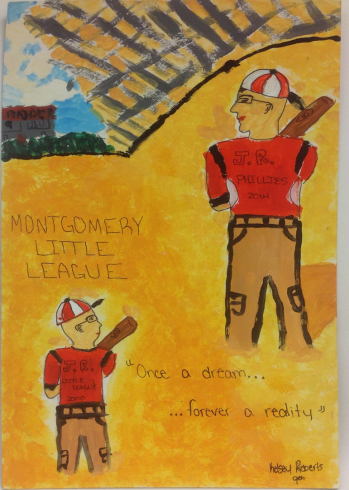 Artwork done by Kelsey Roberts showing a professional baseball player as a little league player