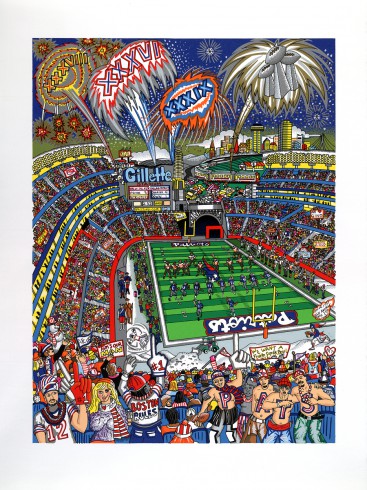 Colorful Charles Fazzino painting of the Patriots victory on the football field