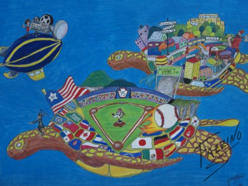 Inspired by Charles Fazzino, student Schai Bilger created this colorful baseball art