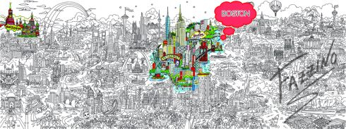 A complex line art drawing entitled, Small World, created by pop artist Charles Fazzino, highlighting the cities of Moscow, New York, and Boston