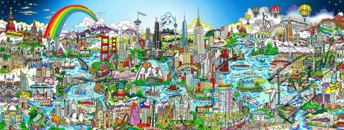 Image of Charles Fazzino's very detailed and colorful mural of all his favorite cities in the world.