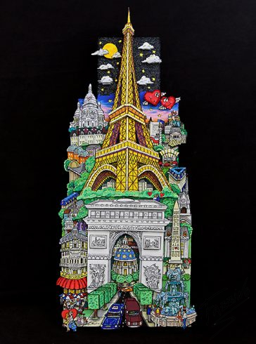 Pop art piece of Paris and the Eiffel Tower on black background