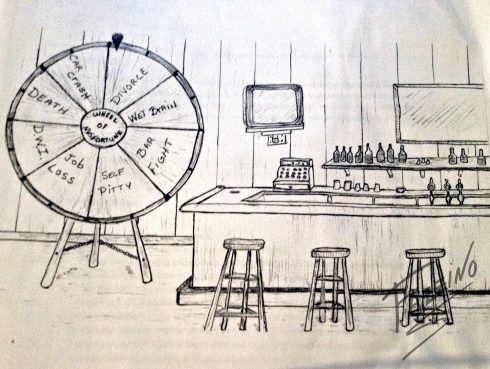 Line drawing of a bar with a large game wheel, called the Wheel of Misfortune