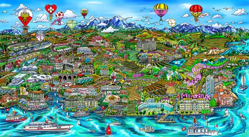 3D Pop Artist Charles Fazzino's Swiss-inspired piece, "Lausanne and Riviera Suisse."