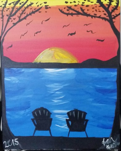 Fran Kessler artwork from a Paint Party depicting two chairs surrounded by trees as the sunsets in the background