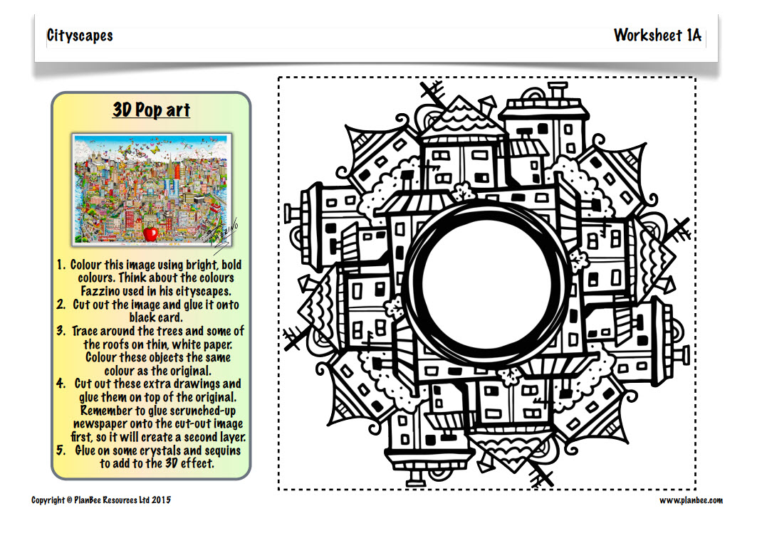 A worksheet example lesson plan for creating Fazzino cityscapes by Plan Bee