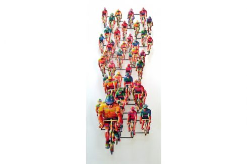 Art by David Gerstein featuring colorful bicyclists coming towards you