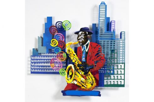 David Gerstein colorful artwork of a saxophonist in front of a cityscape 