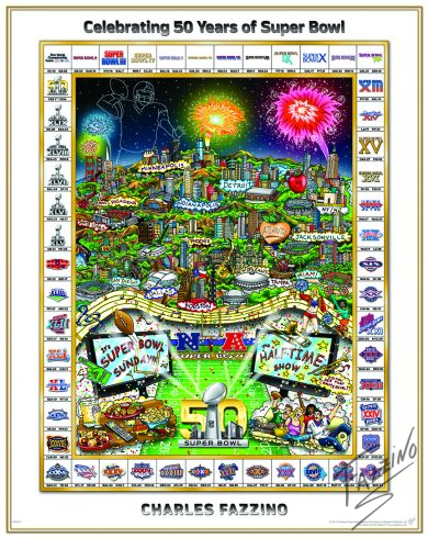 A limited edition poster featuring 50 years of the Super Bowl with all the winning teams in a border around the artwork