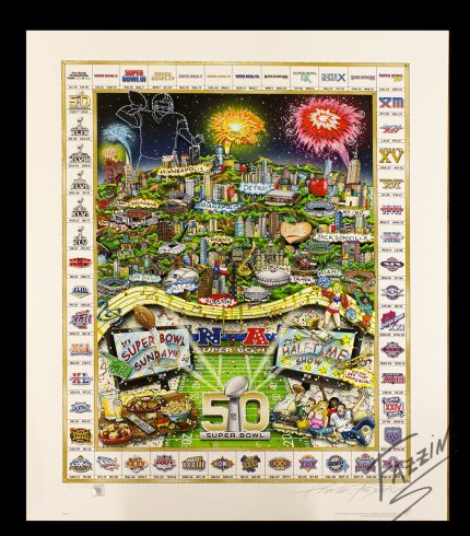 A limited edition fine art print featuring 50 years of the Super Bowl with all the winning teams in a border around the artwork