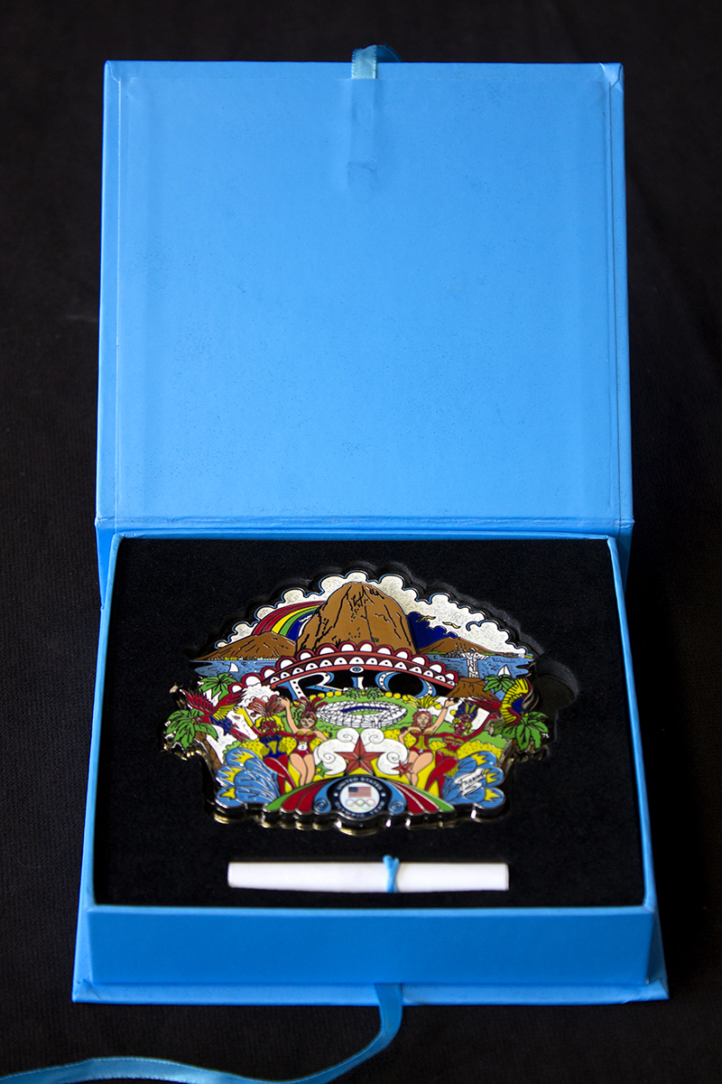 RIO Olympics limited edition collectors pin in a blue satin box.