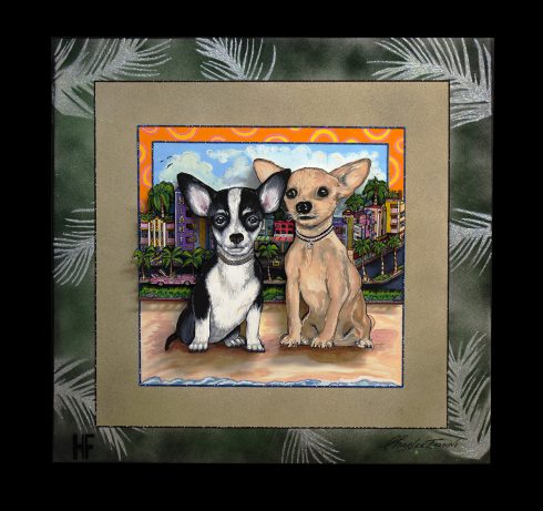 Charles and Heather Fazzino collaborated work "Chihuahuas in Miami” Two chawawas, one black and white, the other tan, sitting on the beach with a city in the background.