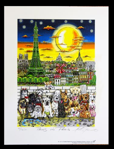 Charles Fazzino's, Paws in Paris contest winners piece, featuring Munster, Mr. Fancy Pant and Georgie 