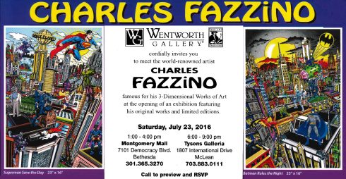 Wentworth Art Gallery promotional card with the works of Charles Fazzino on both sides and information about the show in the middle.