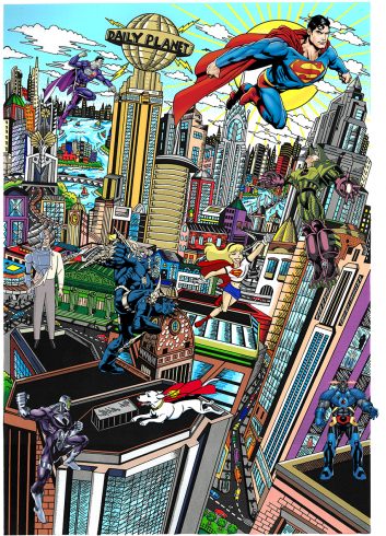 2016 pop art piece done by Charles Fazzino: Superman Saves the day.