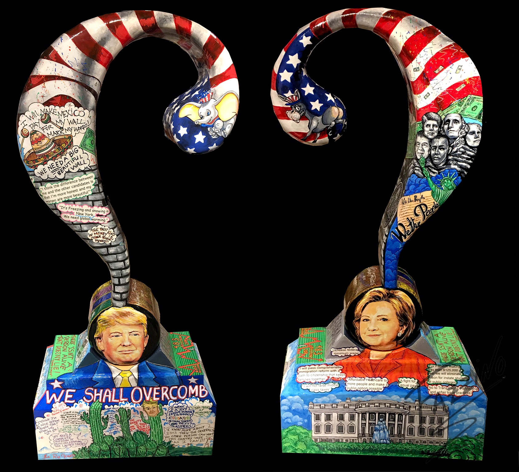 Donald Trump and Hillary Clinton question mark sculptures done by 3D Pop Art Arists Charles Fazzino