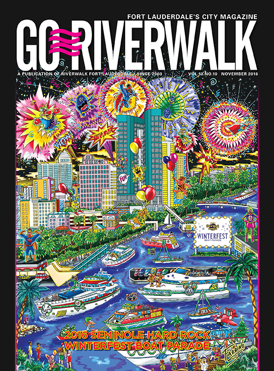 Go Riverwalk poster Winterfest Boat Parade 2016 Fort Lauderdale, done by Charles Fazzino
