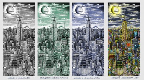 Cityscape of NYC with the Empire State Building in the center and the moon in the sky. Midnight in NYC is a multi-edition monochromatic series printed on aluminum