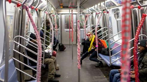 New York City subway car that was yarn bombed on Valentines Day