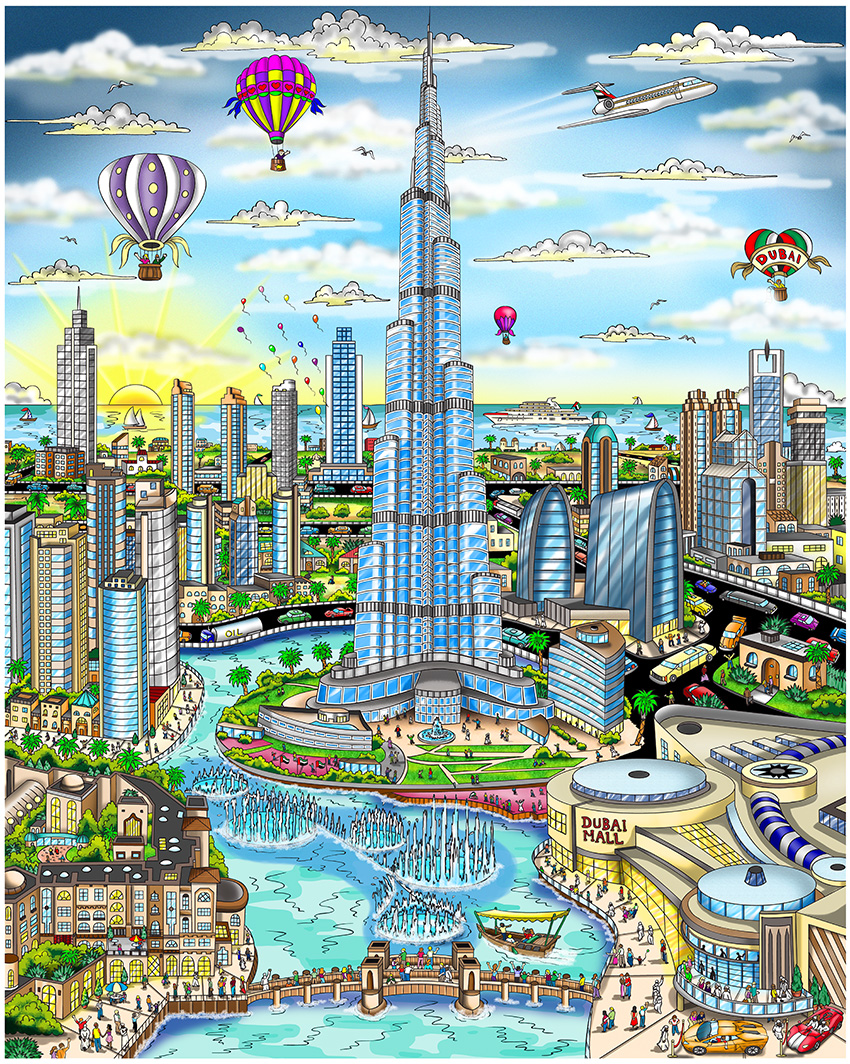 "The Fountains of Downtown Dubai" by 3D Pop Art artist Charles Fazzino