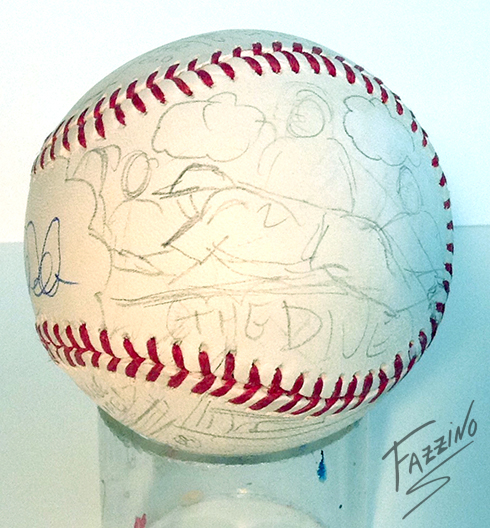 A pencil drawing sliding into base on a Fazzino baseball 