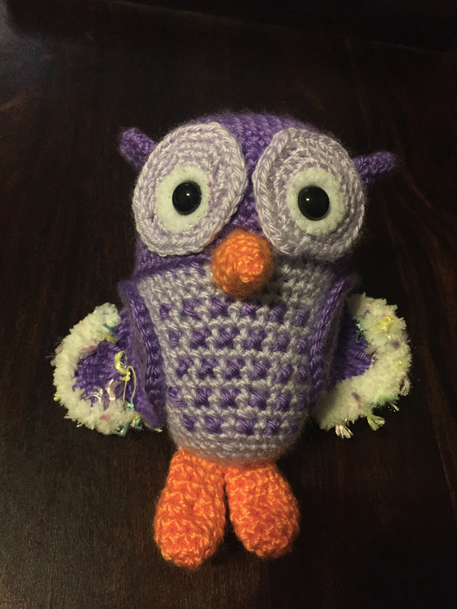 Purple and grey crocheted owl with orange feet and orange beak | Christina's Crocheted Characters