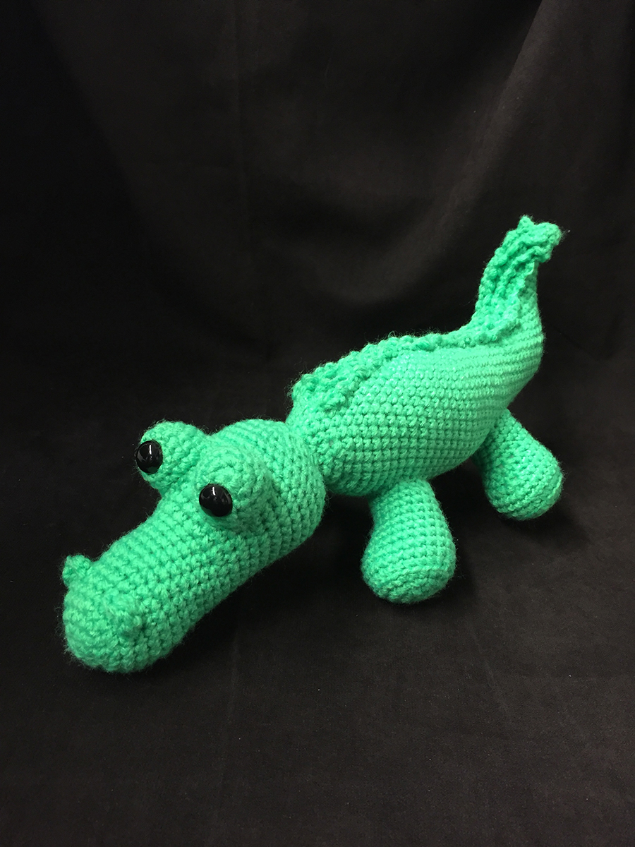 Green crocheted alligator with black bead eyes | Christina's Crocheted Characters