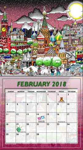 2018 Charles Fazzino wall calendar - February, winter wonderland pop art piece
