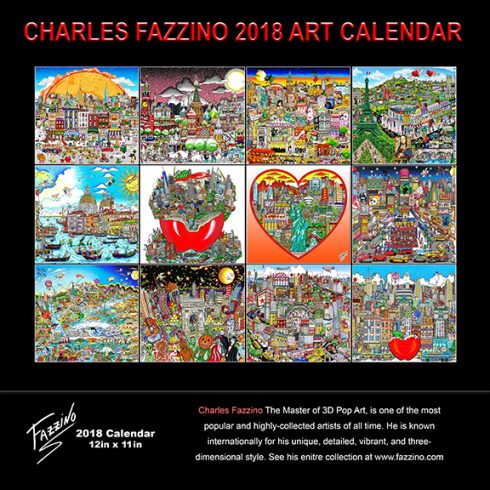 Back of 2018 Charles Fazzino wall calendar - 12 months of full color fazzino pop art pieces 