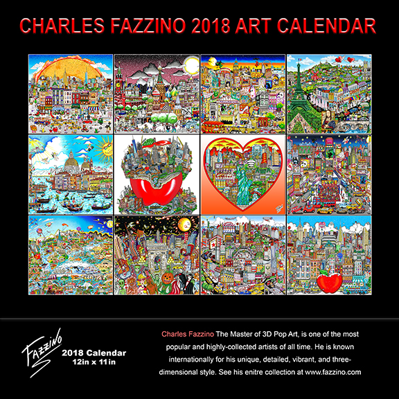 Back of Charles Fazzino's pop art calendar for 2018