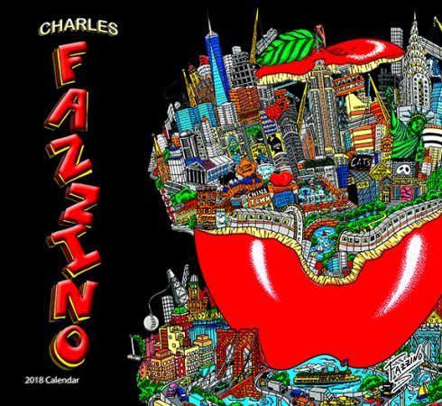 2018 Charles Fazzino wall calendar - iconic NYC red apple with city skylines 