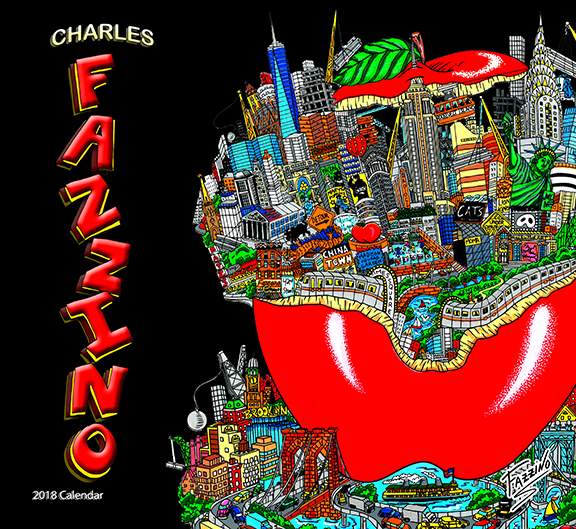 Pop art drawing of New York City cityscape within a big red apple - 2018 Fazzino calendar