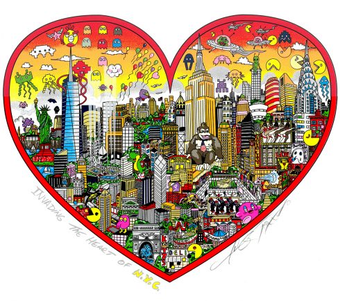 A Fazzino New York cityscape filled with colorful pop culture icons from childhood video games.